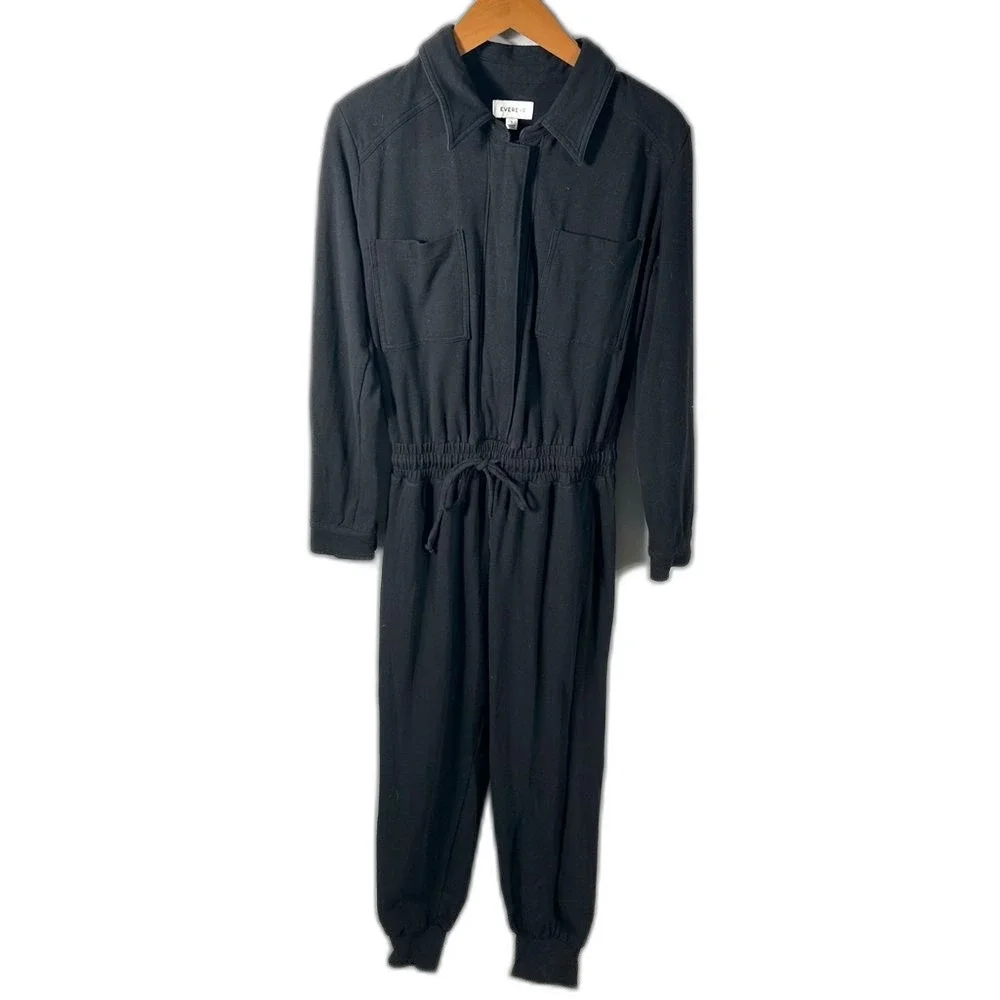 Evereve Black Myra Zip-Front Jogger Jumpsuit Long Sleeve Size Small Minimalist